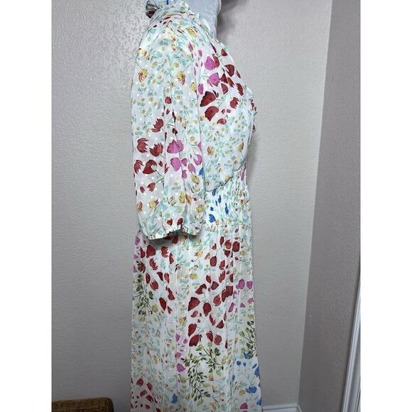 Maison Tara Floral Chiffon Clip Dot V Neck Smocked Midi Dress plus Size 14 - Picture 5 of 9